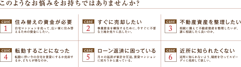 このようなお悩みをお持ちではありませんか？CASE1住み替えの資金が必要・自宅マンションを売って、広い家に住み替えるための資金にしたい。CASE2すぐに売却したい・事業資金を確保するために、今すぐに不要な土地を売りに出したい。CASE3不動産資産を整理したい・相続に備えて不動産資産を整理したいが、誰に相談したら良いのか。CASE4転勤することになった・転勤に伴い、今の自宅を賃貸にするか売却するか、どちらかが得なのか。CASE５ローン返済に困っている月々の返済が家計を圧迫。賃貸マンションに戻ろうかと迷っている。CASE6近所に知られたくない・近所に知られないよう、秘密を守ってスピーディーに売却して欲しい。