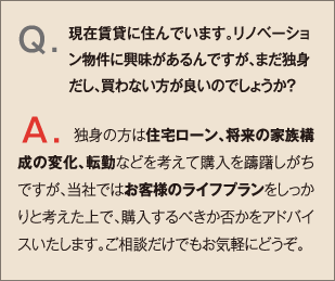 Q.現在賃貸に住んでいます。リノベーション物件に興味があるんですが、まだ独身だし、買わない方が良いのでしょうか？A.独身の方は住宅ローン、将来の家族構成の変化、転勤などを考えて購入を躊躇しがちですが、当社ではお客様のライフプランをしっかりと考えた上で、購入するべきか否かをアドバイスいたします。ご相談だけでもお気軽にどうぞ。